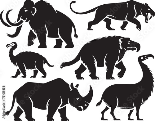 Ancient creatures collection iconic prehistoric animals silhouette