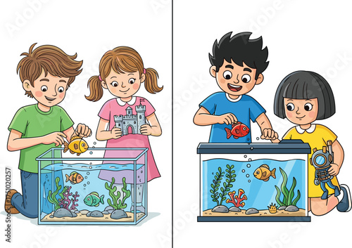 Children caring for aquariums, cartoon fish feeding activity, creative decoration, teamwork with aquatic pets, indoor scene, educational fun, colorful tanks