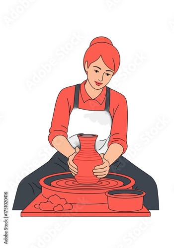 woman making red pottery on wheel clip art preview
