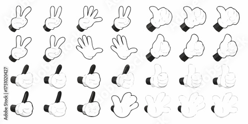 Collection of classic cartoon hands showing various gestures and expressions for animation and design