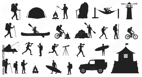 Outdoor Adventure Silhouette Icons Pack - Hikers, Camping, Canoe, Cycling, Surf, Stargazing Vector