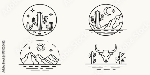 Set of four minimalist line art illustrations depicting desert landscapes with cacti mountains moon sun and a bull skull