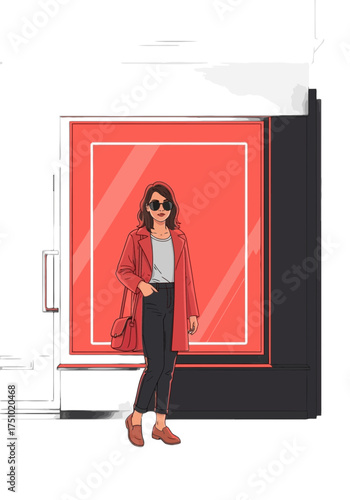 Stylish Woman Standing by Shop Window Vector Illustration
