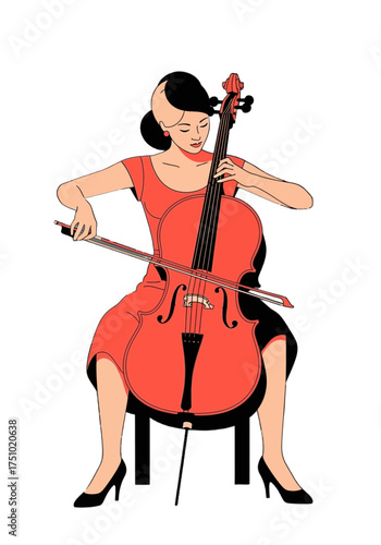 Stylish Woman Playing Classical Cello Flat Illustration