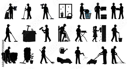 Home Service Crew Silhouette Icons Pack - Cleaning, Laundry, Lawn & Garden Vector