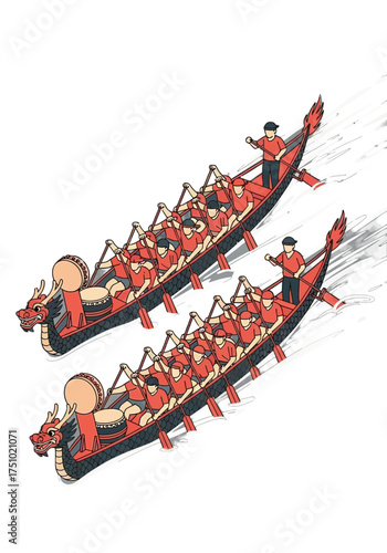 Flat Vector Illustration of Dragon Boat Teams Racing
