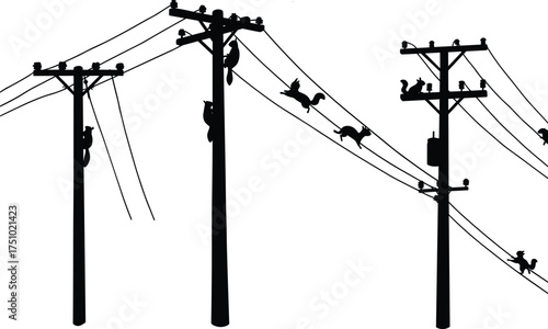 Squirrels climbing and running on electric power lines, utility poles wildlife scene, animal silhouettes vector, nature meets urban electricity flat vector