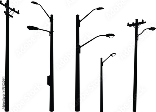 Street light poles and power lines silhouette — urban lighting infrastructure and electricity distribution vector illustration