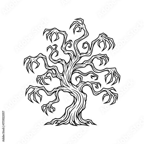 Eerie arboreal silhouette with grasping limbs evokes a haunting woodland presence
