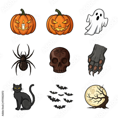 Eerie Halloween imagery showcasing classic symbols in cartoon form, bringing whimsical frights