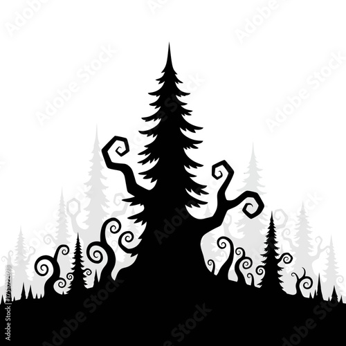Eerie silhouette of gnarled trees against a spectral backdrop creates unsettling ambiance