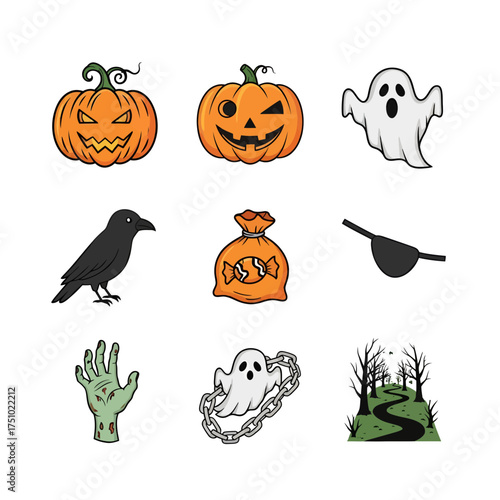 Festive collection of diverse halloween themed clip art illustrations conveying playful spooky fun