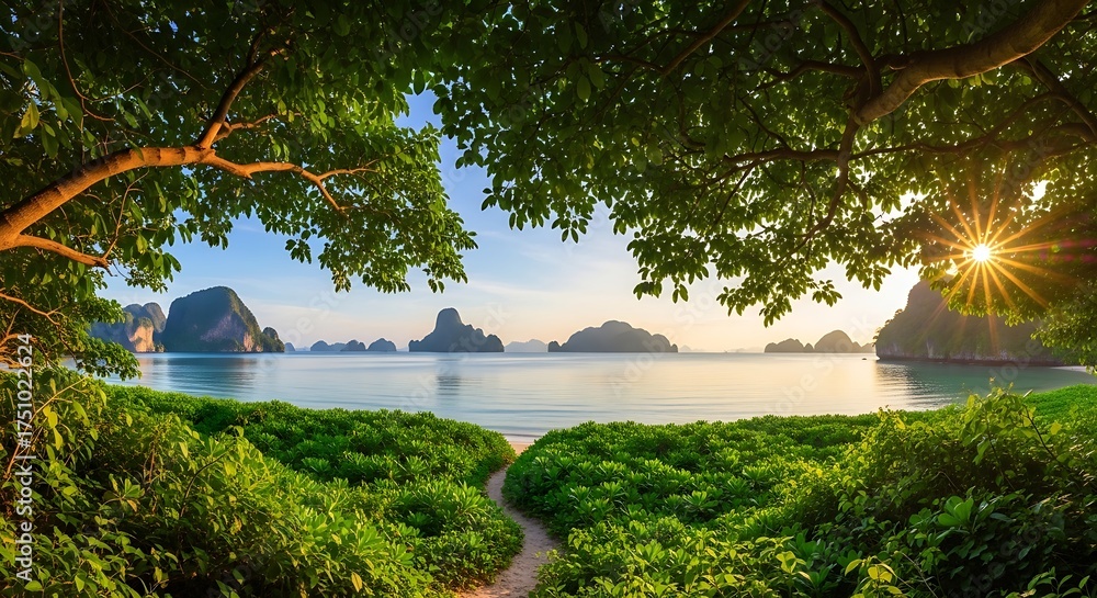 Obraz premium Tropical Paradise Beach Path at Sunrise with Limestone Islands.