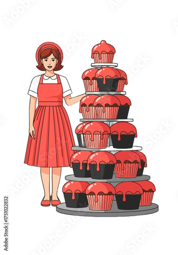 Flat Vector Illustration of Baker With Cupcake Tower