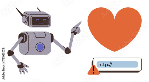 Friendly robot pointing to a heart with a warning sign over a hyperlink box. Ideal for AI ethics, cybersecurity, emotion in tech, human-robot interaction, digital safety, online love, simple flat