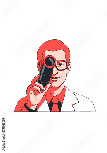 Flat Vector Scientist Observing Through Monocular Illustration