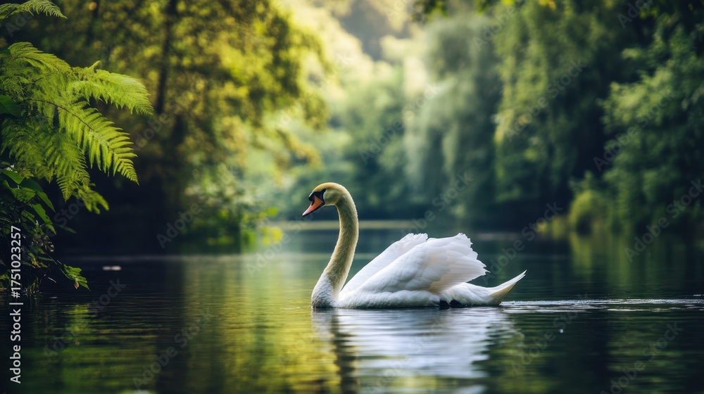 Fototapeta premium Graceful swan gliding across a calm lake surrounded by lush greenery