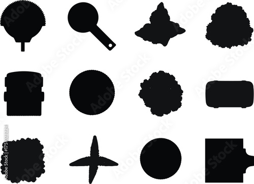 Tree top silhouettes, foliage shapes collection, nature design elements, plant canopy illustration, landscape vegetation icons, botanical pattern art, flat vector set