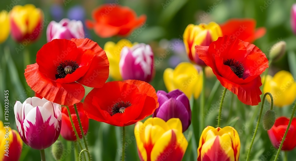 Fototapeta premium Vibrant Poppies and Tulips in a Sunny Garden Display.