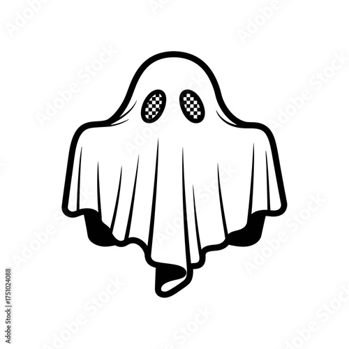 Stylized phantom form illustration with eerie gaze and spectral drape on stark white plain