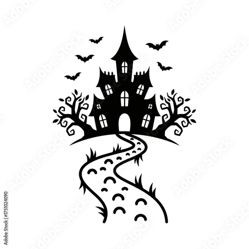 Stylized silhouette of a spooky house with winding path and hovering bats for Halloween season