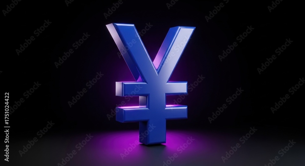 Obraz premium A blue and purple illuminated yen symbol on a black background.