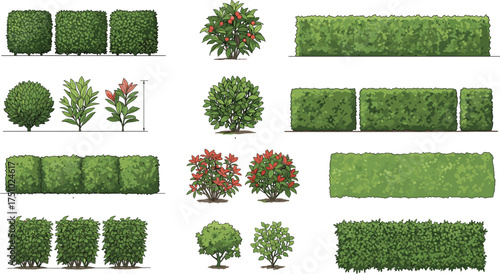 Realistic green bushes and hedges collection illustration, landscape garden shrub vector set for architectural design, park, and outdoor decoration elements