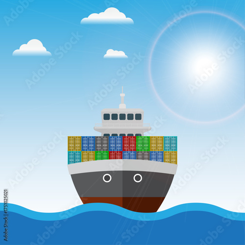 Cargo ship loading in city port. Cranes on dockside, pier unloading shipping containers from shore to freight vessel. Vector illustration EPS 10.