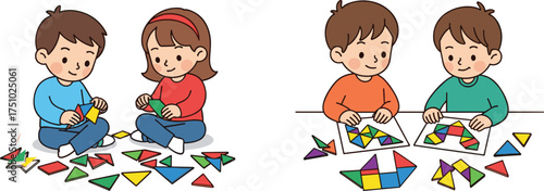 Children playing with geometric shapes, educational activity, early math learning, spatial reasoning, teamwork, colorful pieces, cognitive development, classroom creativity