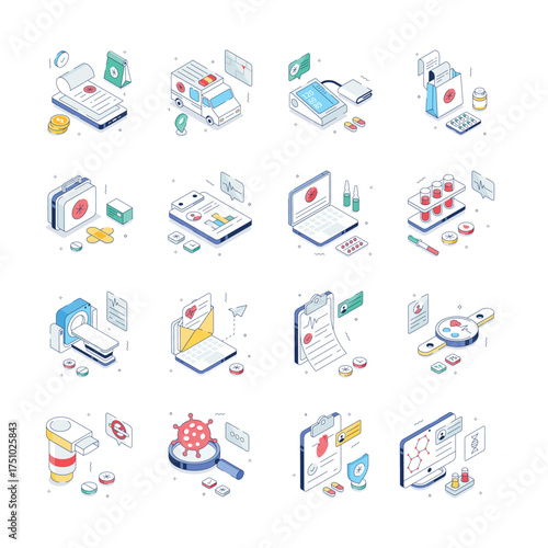 A collection of medical and healthcare isometric illustrations in modern style