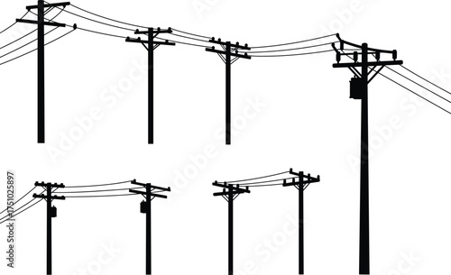 Utility poles silhouette, power line vector, electricity grid design, voltage post illustration, transformer connection, 