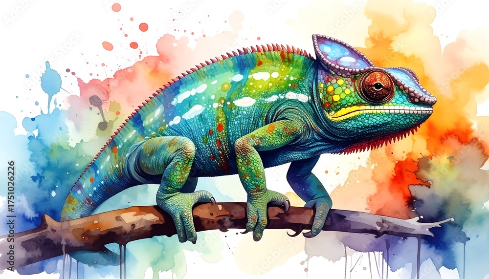 Obraz premium Vibrant Chameleon on Branch Watercolor Painting.