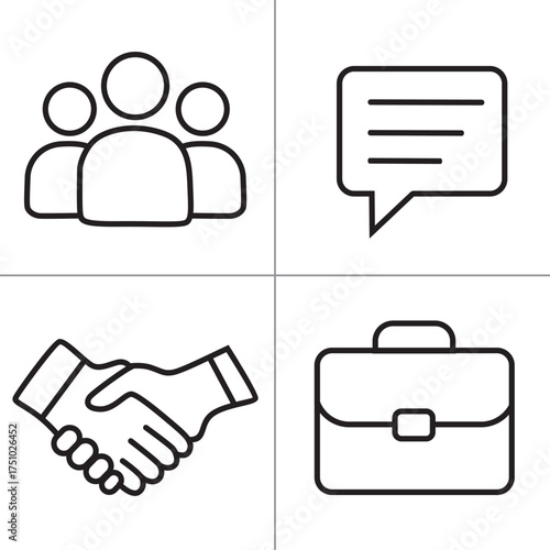 Business Communication and Teamwork Line Icon Set. Partnership, Chat, and Briefcase Vector