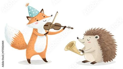 Cute watercolor fox playing violin and hedgehog with trumpet. Hand painted animal musicians illustration for nursery wall art, kids posters and party