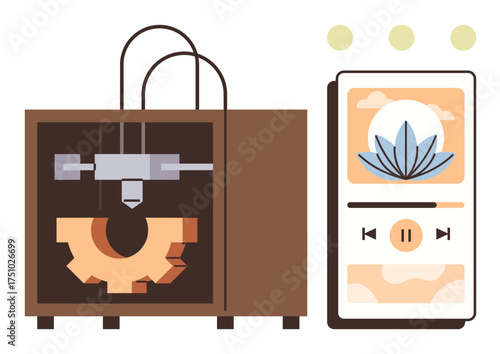 3D printer crafting a gear from material with a smartphone interface showing a meditation app. Ideal for technology, manufacturing, innovation, relaxation, efficiency, design, sustainability. Simple