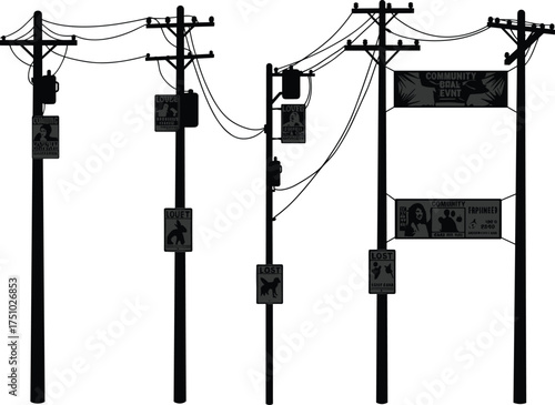 Utility poles with community posters and lost pet signs, urban street silhouette illustration showing electricity lines and city communication flat vector