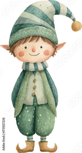 Charming watercolor illustration of a cute cartoon Christmas elf wearing festive green outfit and red hat - vector illustration