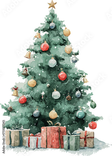 Adorable watercolor painting of a cute decorated Christmas tree with ornaments and festive lights in a snowy winter scene - vector illustration