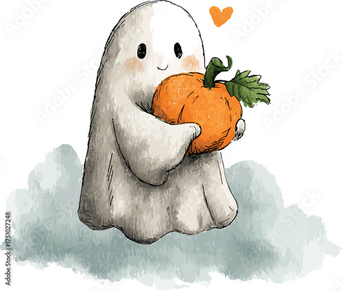 Whimsical watercolor illustration of a cute floating ghost hugging a small pumpkin with a gentle and playful Halloween theme - vector illustration