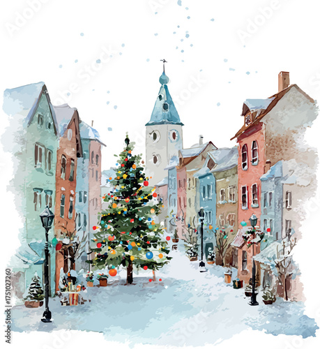 Charming watercolor winter scene of a cute snow-covered town decorated for Christmas with cozy houses and festive atmosphere - vector illustration