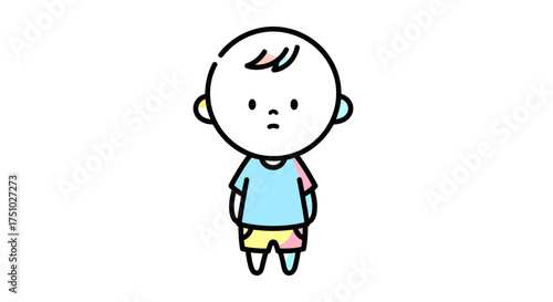 A cartoon rendering of an isolated toddler figure expressing an innocent childlike wonder
