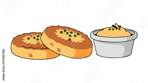 Two golden savory pancakes with green herbs and a creamy yellow dip in a white bowl.