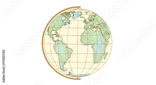 Antique styled world globe illustration featuring continents and meridian arc design