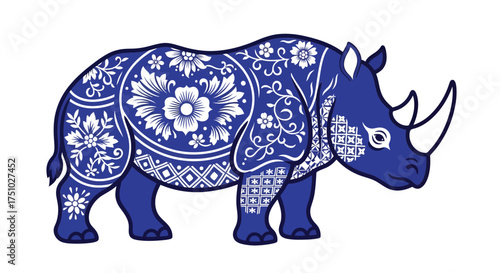 Artistic depiction of a rhino adorned with intricate floral and geometric patterns in blue and