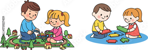 Children playing with train set and puzzle pieces, cartoon indoor activity, teamwork, cognitive development, colorful toys, creative learning, floor play
