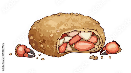 Whimsical cartoon drawing of a crispy fried pie stuffed with a mix of strawberries and crab claws.