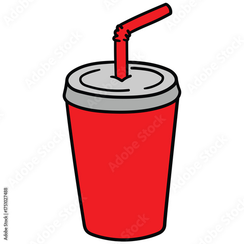 Hand-drawn cartoon disposable red cup with lid and straw on a white background.