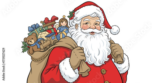 Cheerful christmas santa claus illustration with a sack full of holiday presents ready for delivery