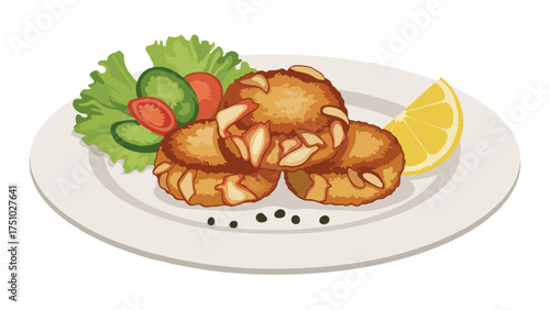 Deliciously Prepared Fried Crab Cakes with Fresh Salad and Lemon Wedge.