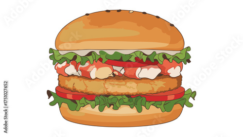 Deliciously Stacked Burger with Fresh Lettuce, Tomatoes, and Creamy Filling.